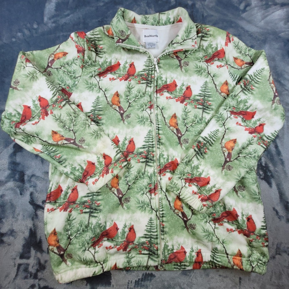 VTG BonWorth Womens Cardinal Pine Tree Fleece Jacket Green Red Full Zip Medium